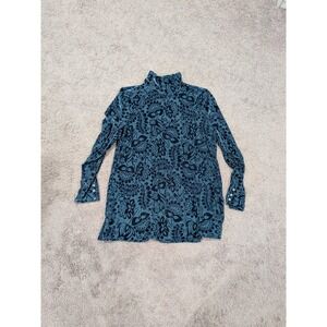Soft Surroundings Teal Velvet Floral Mock Neck Long‎ Sleeve Tunic Top Size L